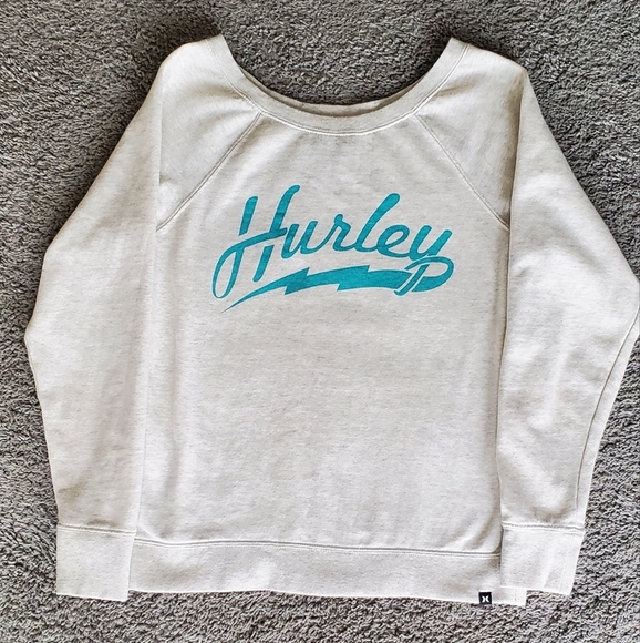 💚5/$25 Hurley Womens Pullover Boat Wide Neck Gray & Turquoise Print Sweatshirt - Picture 5 of 6